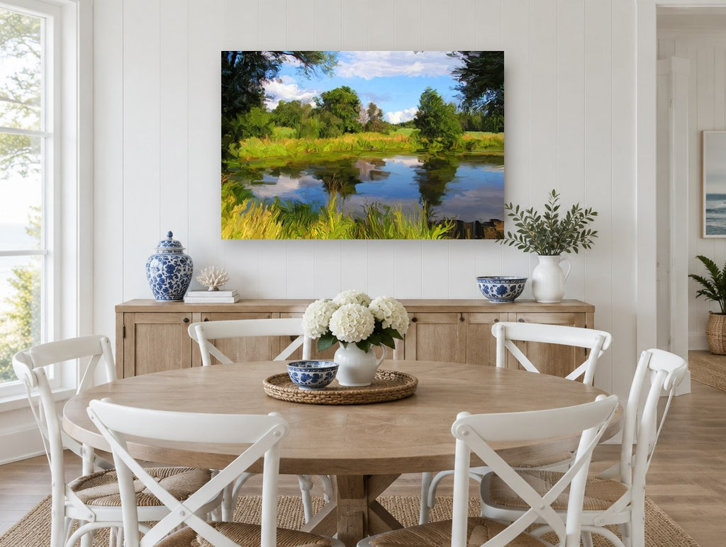 Still Pond Reflections landscape canvas print on the wall of a Hamptons dining room