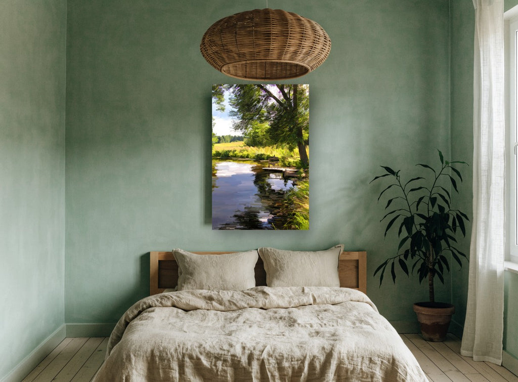Willow Jetty Pond landscape canvas print on the wall of a bedroom