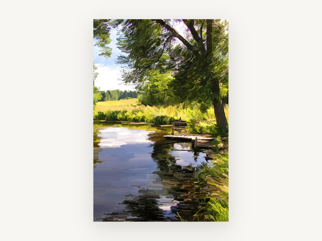 Willow Jetty Pond, summer pond jetty digital landscape, landscape canvas wall art print, front view