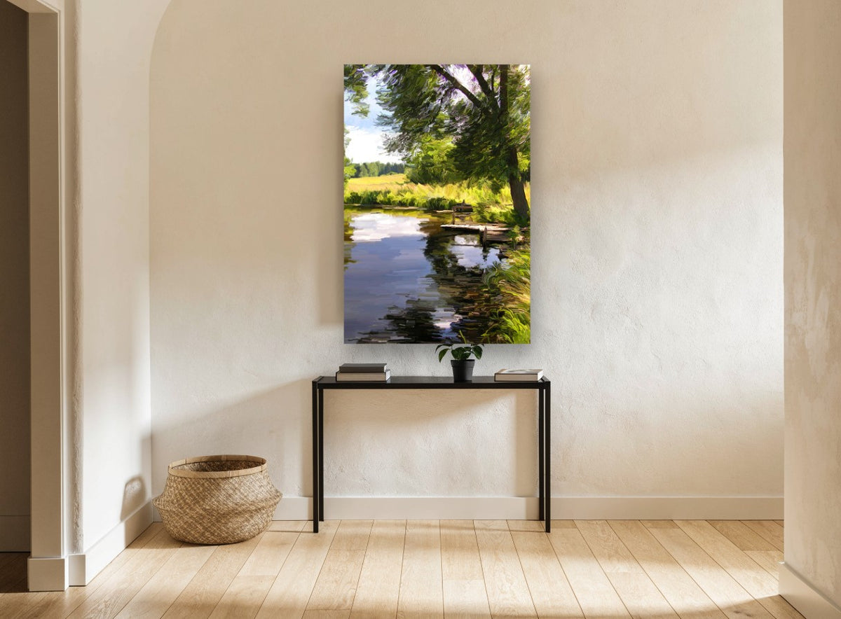 Willow Jetty Pond landscape canvas print on the wall of a hallway