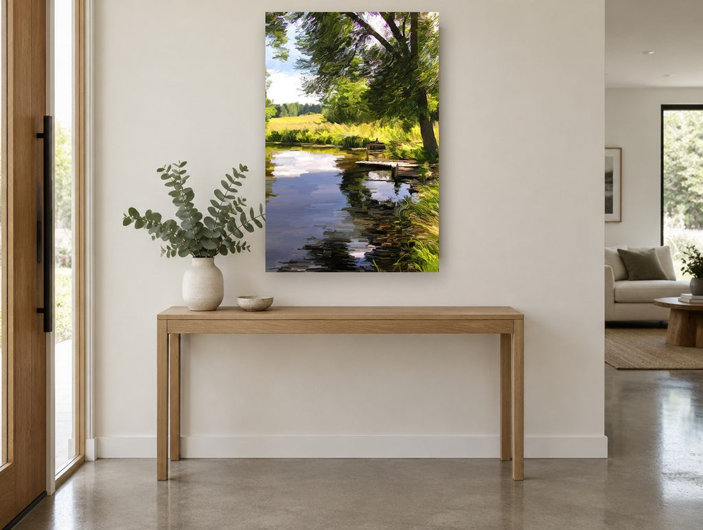 Willow Jetty Pond landscape canvas print on the wall of a entry hall