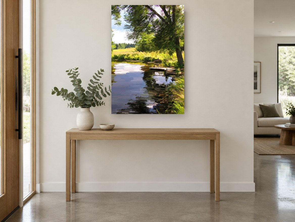 Willow Jetty Pond landscape canvas print on the wall of a entry hall