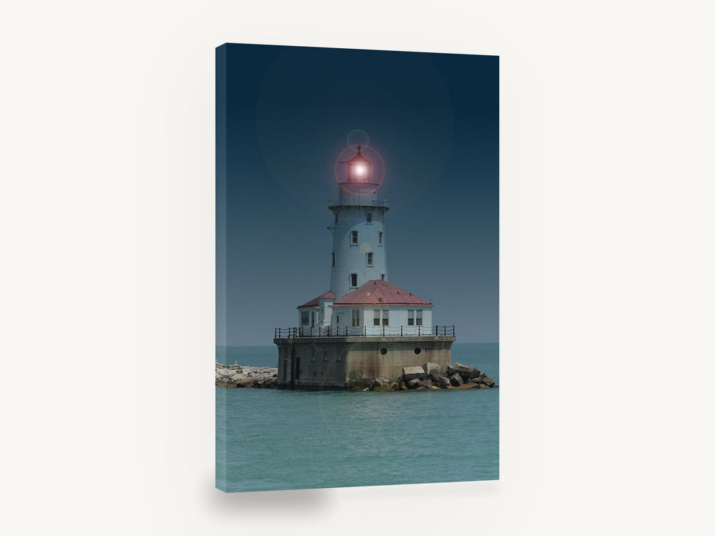 Glowing Harbour Light, lighthouse beam over teal water photograph, coastal canvas wall art print ready to hang