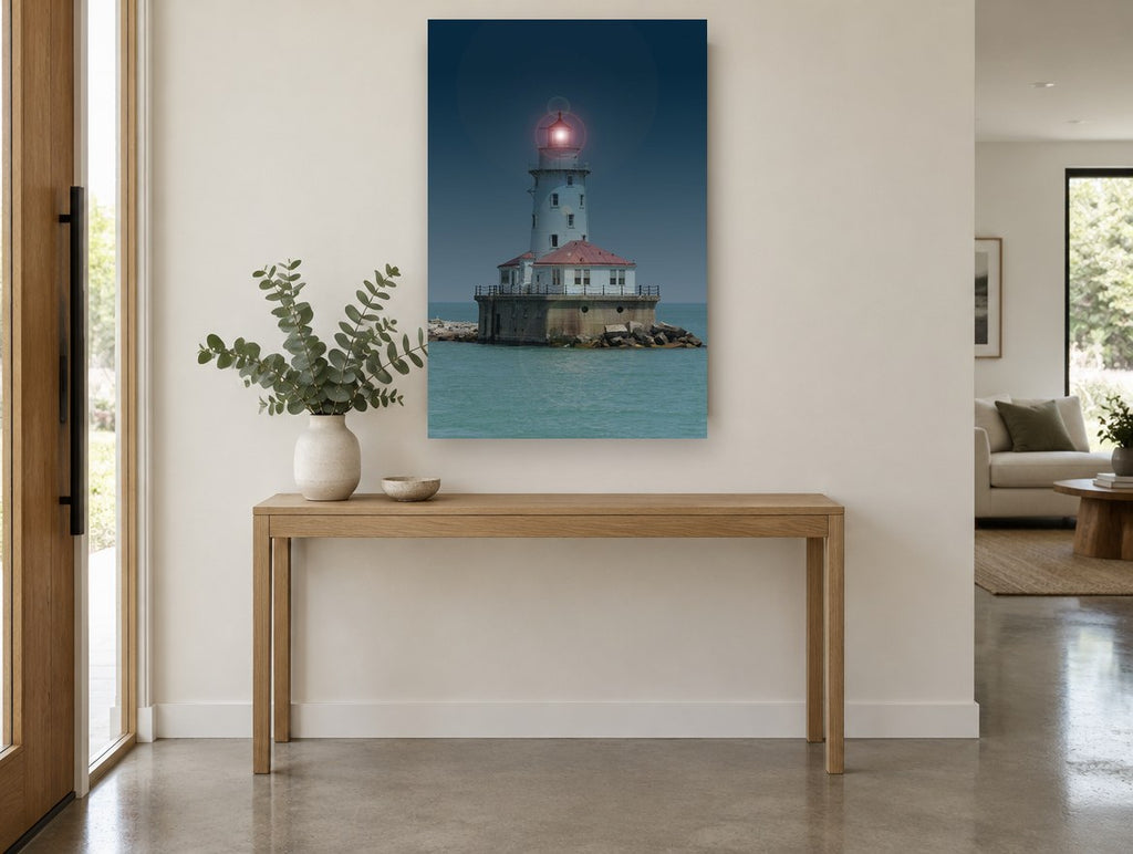 Glowing Harbour Light coastal canvas print on the wall of a entry hall
