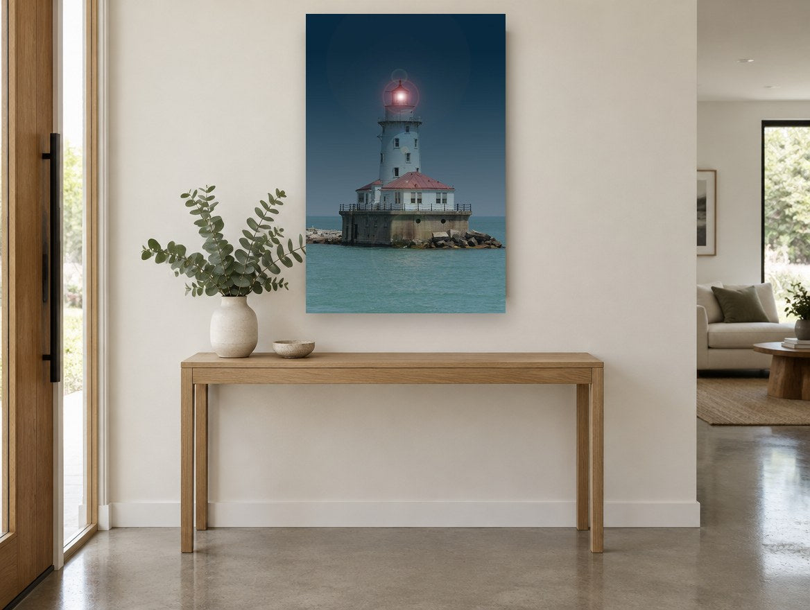 Glowing Harbour Light coastal canvas print on the wall of a entry hall