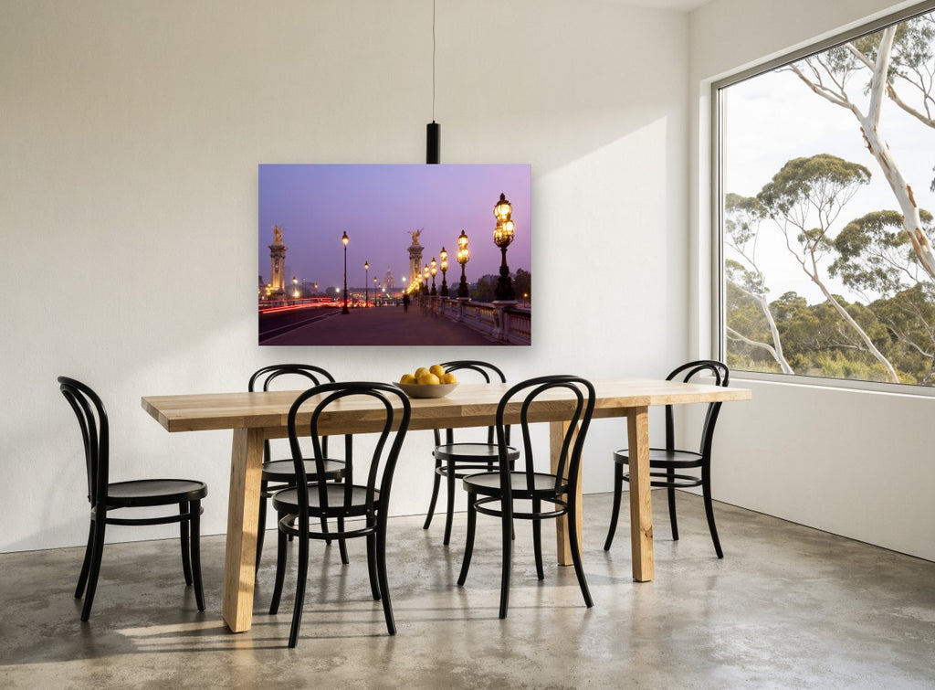 Pont Alexandre Dusk Lamps city canvas print on the wall of a dining room