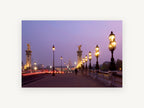Pont Alexandre Dusk Lamps, paris bridge lamps at dusk photograph, city canvas wall art print, front view