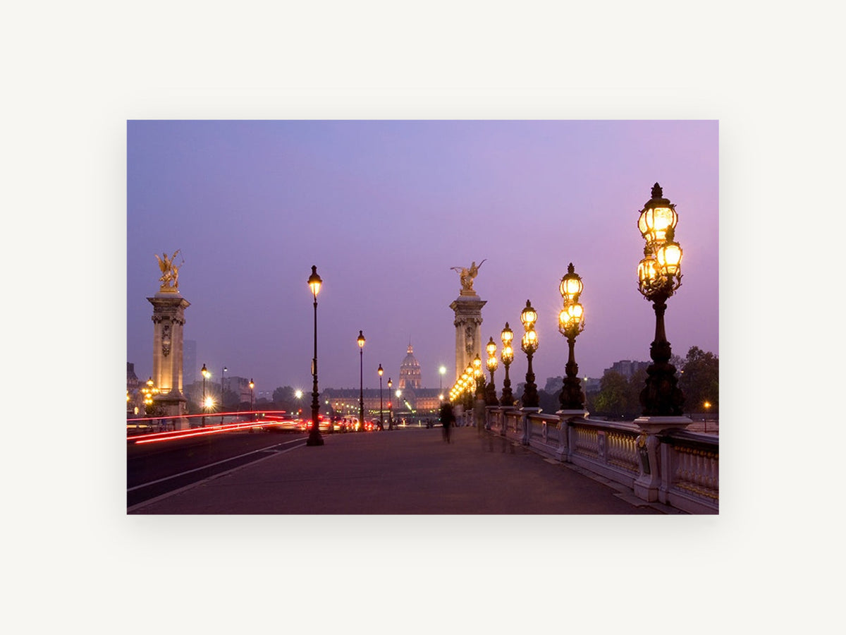 Pont Alexandre Dusk Lamps, paris bridge lamps at dusk photograph, city canvas wall art print, front view