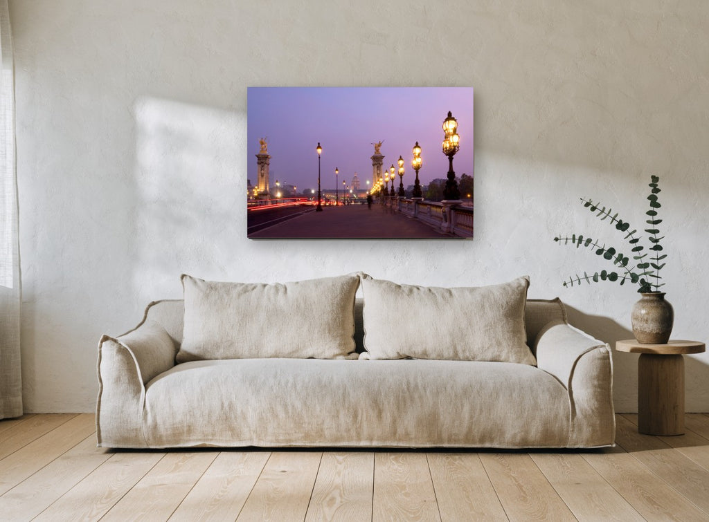 Pont Alexandre Dusk Lamps city canvas print on the wall of a living room