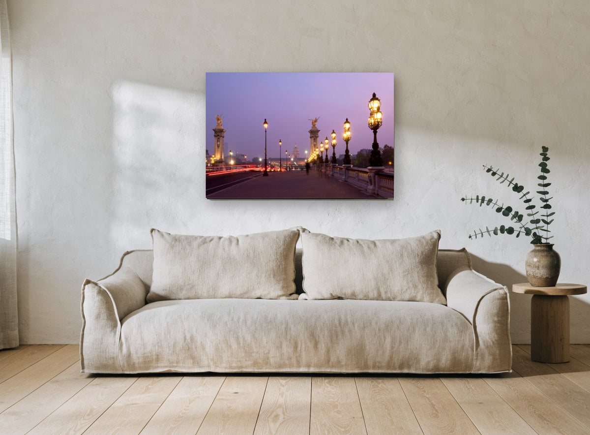 Pont Alexandre Dusk Lamps city canvas print on the wall of a living room