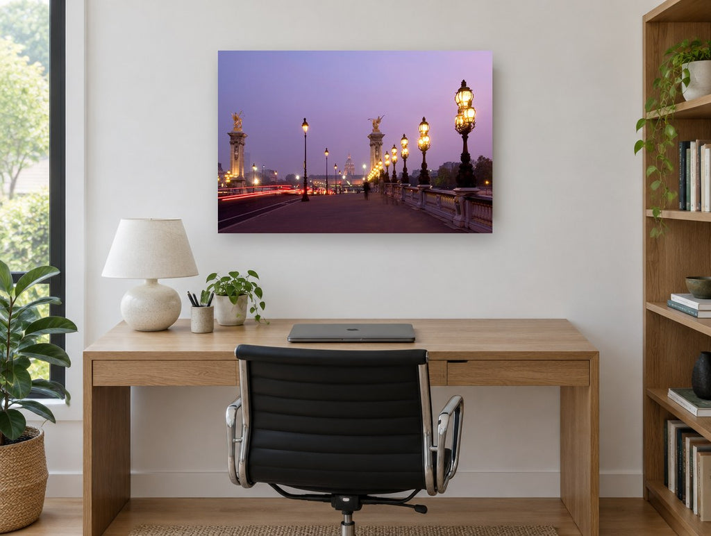 Pont Alexandre Dusk Lamps city canvas print on the wall of a study