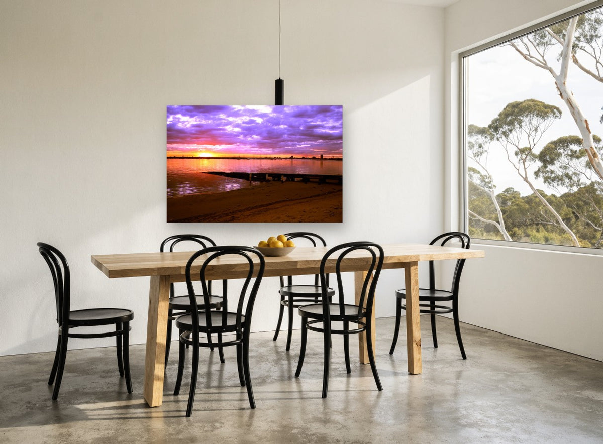 Violet Bay Boat Ramp coastal canvas print on the wall of a dining room
