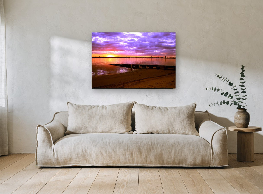 Violet Bay Boat Ramp coastal canvas print on the wall of a living room