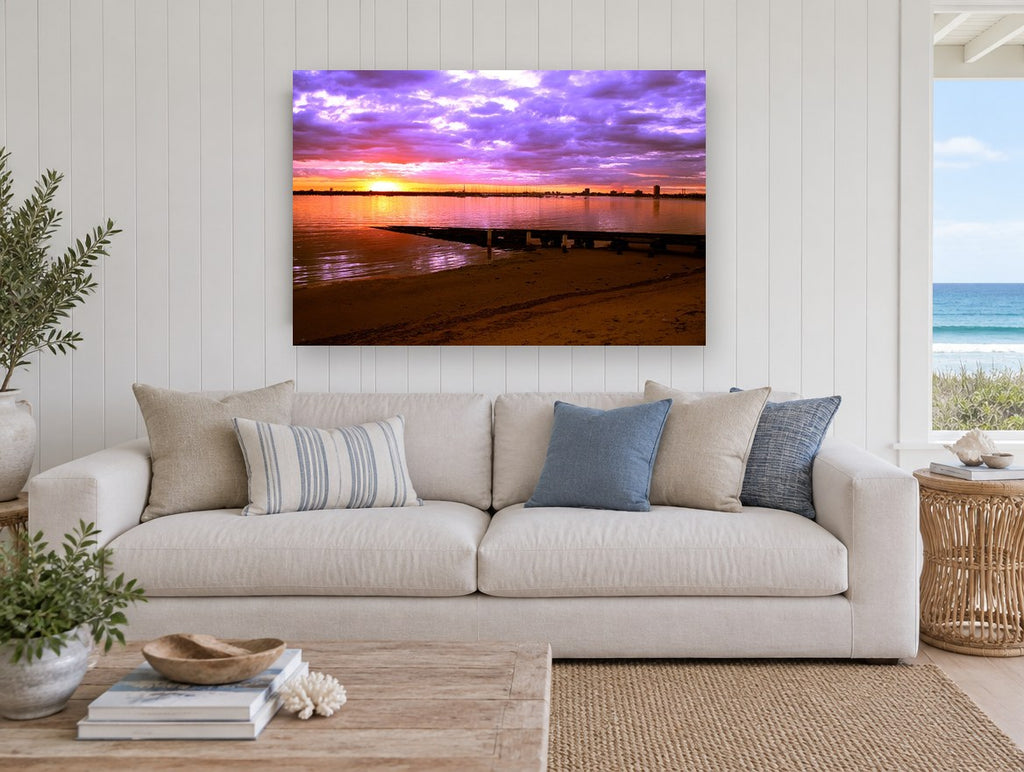 Violet Bay Boat Ramp coastal canvas print on the wall of a beach house living room