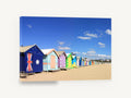 Flag Hut Beach Row, colourful bathing boxes beach photograph, coastal canvas wall art print ready to hang