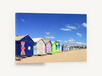 Flag Hut Beach Row, colourful bathing boxes beach photograph, coastal canvas wall art print ready to hang