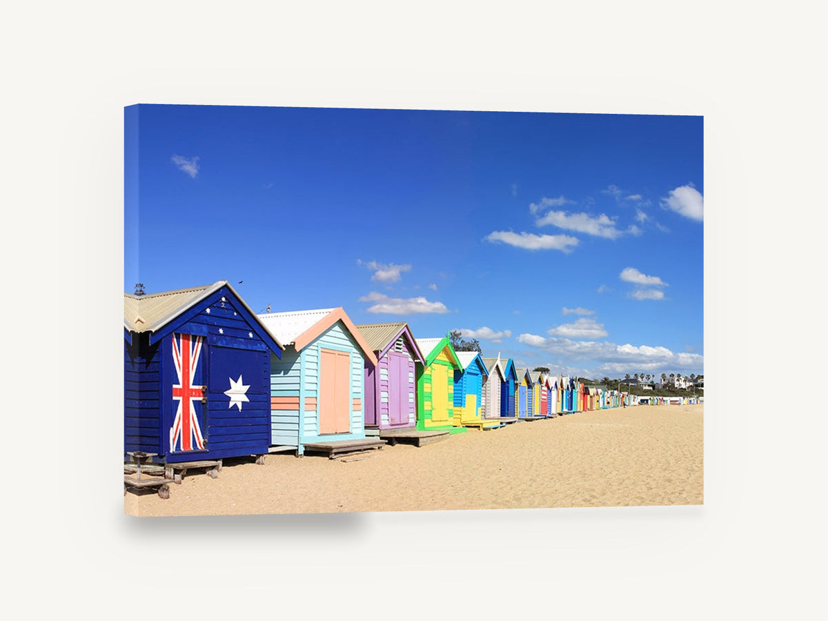 Flag Hut Beach Row, colourful bathing boxes beach photograph, coastal canvas wall art print ready to hang