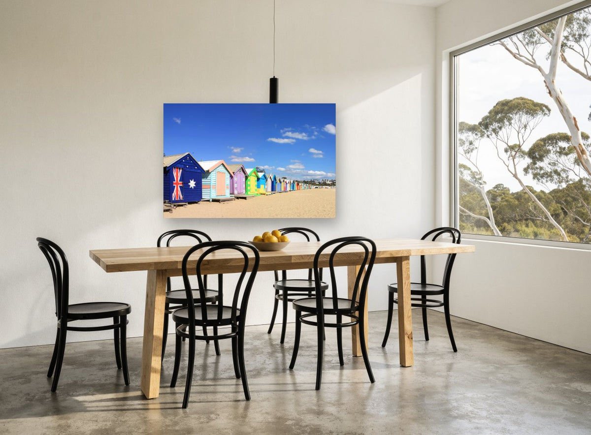 Flag Hut Beach Row coastal canvas print on the wall of a dining room