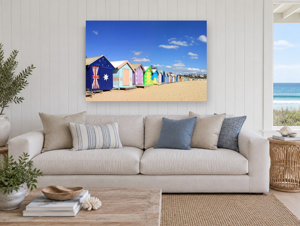 Flag Hut Beach Row coastal canvas print on the wall of a beach house living room