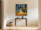 Arching Oak Avenue floral canvas print on the wall of a hallway