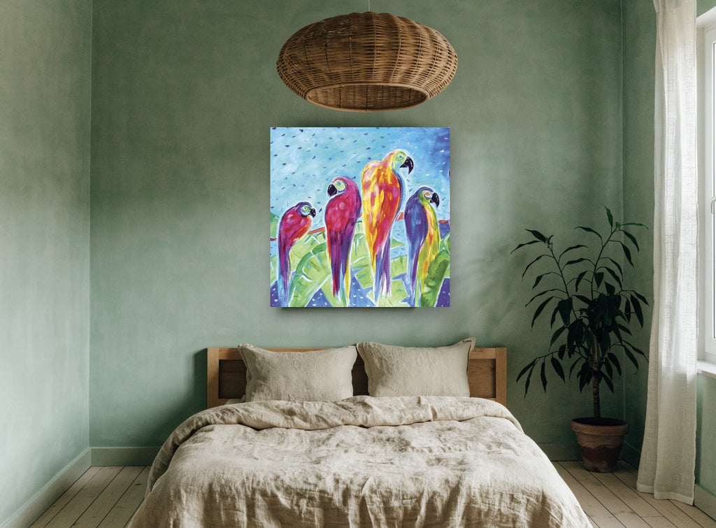 Four Parrots on a Branch animal canvas print on the wall of a bedroom