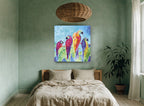 Four Parrots on a Branch animal canvas print on the wall of a bedroom