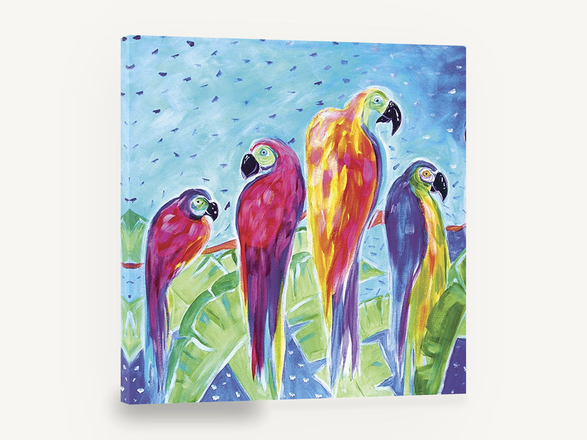 Four Parrots on a Branch, colourful parrots acrylic style artwork, animal canvas wall art print ready to hang
