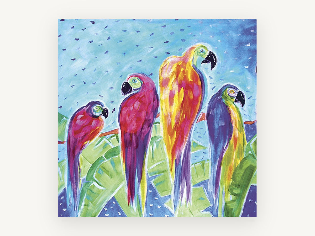Four Parrots on a Branch, colourful parrots acrylic style artwork, animal canvas wall art print, front view