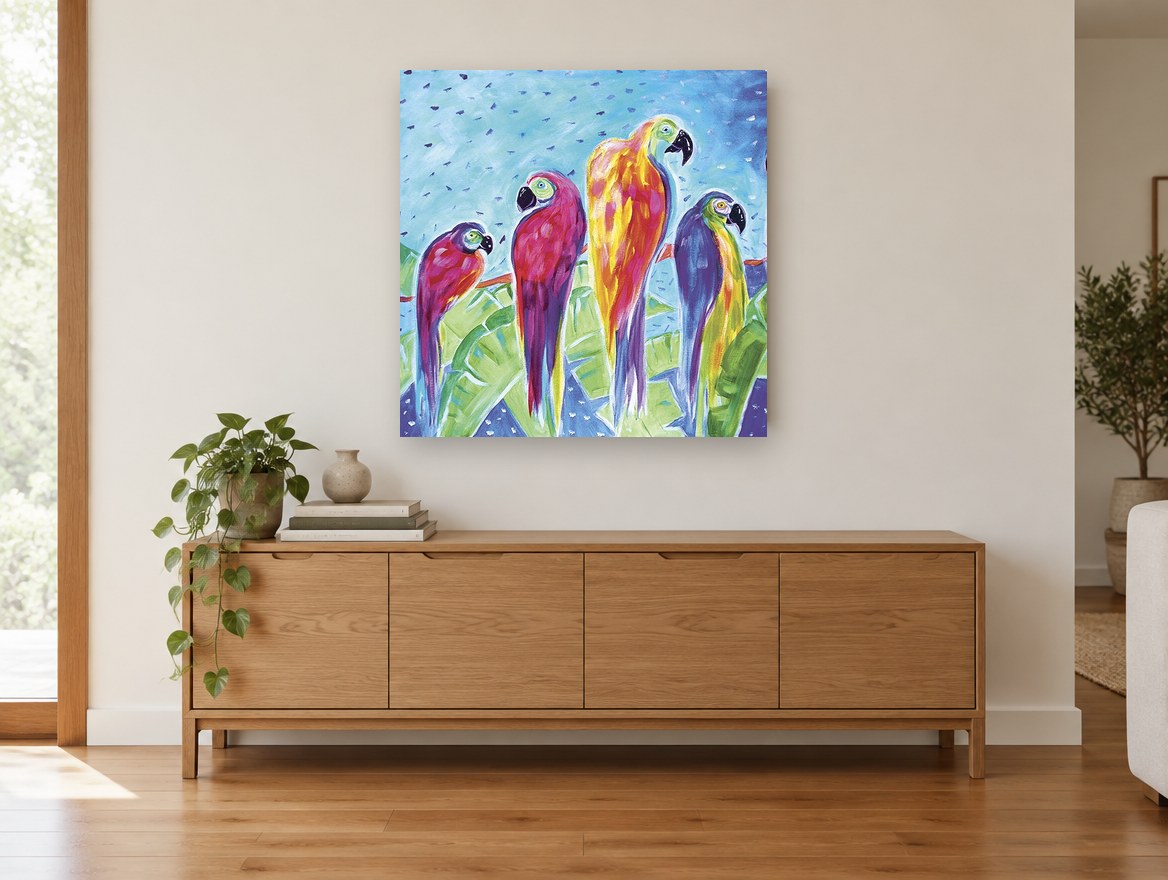 Four Parrots on a Branch animal canvas print on the wall of a living room above a sideboard