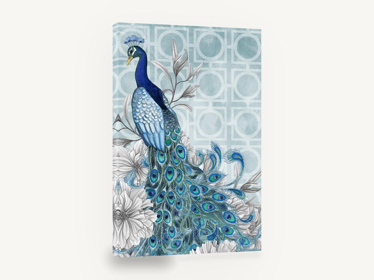 Blue Peacock Lattice, blue peacock floral illustration, animal canvas wall art print ready to hang