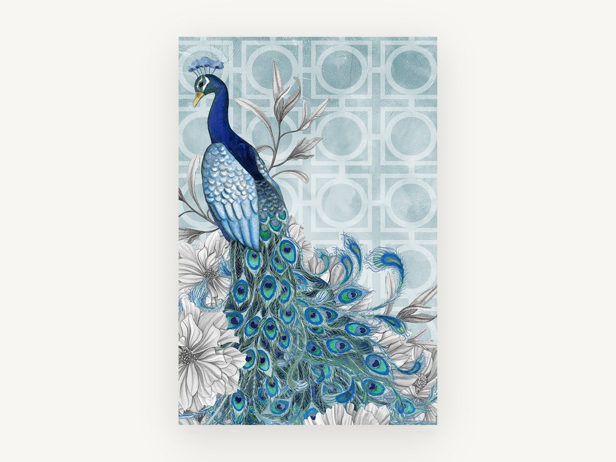 Blue Peacock Lattice, blue peacock floral illustration, animal canvas wall art print, front view