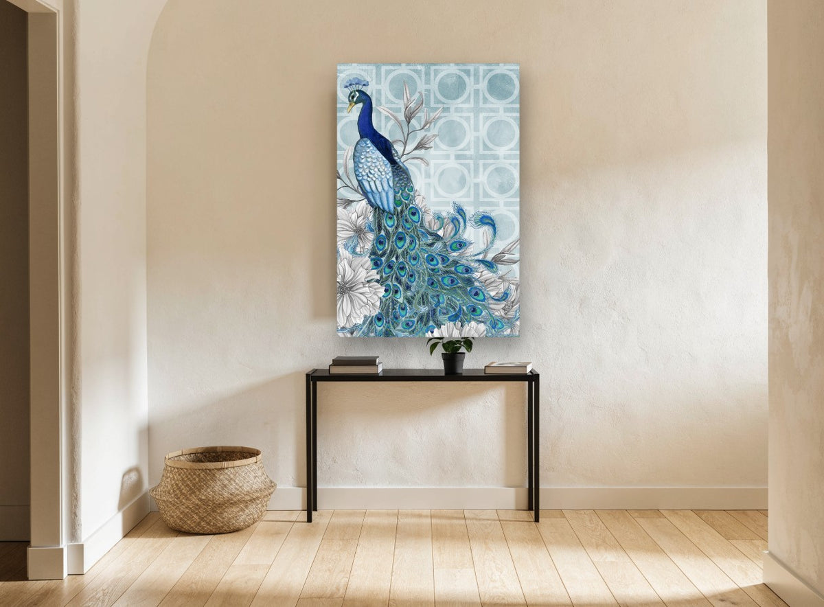 Blue Peacock Lattice animal canvas print on the wall of a hallway