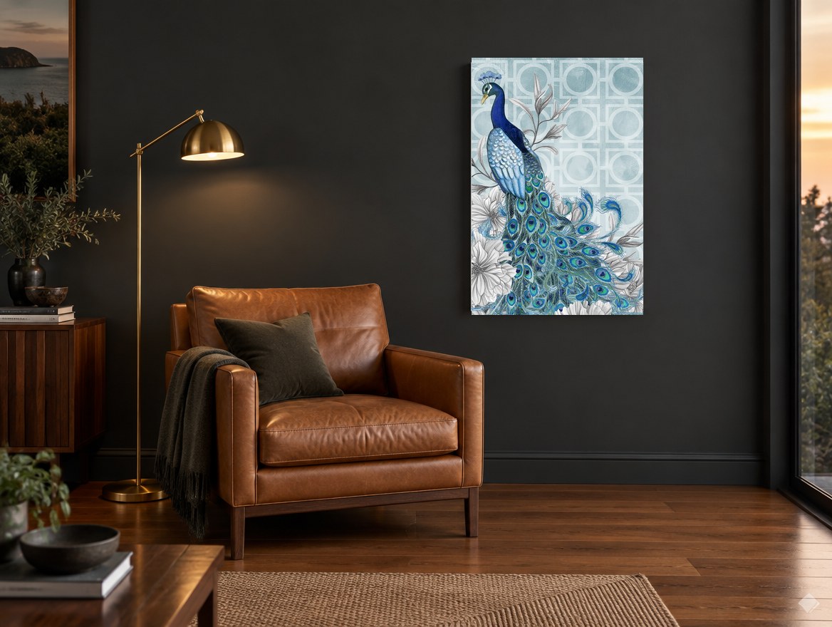 Blue Peacock Lattice animal canvas print on the wall of a charcoal living room