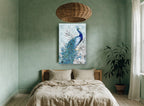 Sapphire Peacock Trellis animal canvas print on the wall of a bedroom