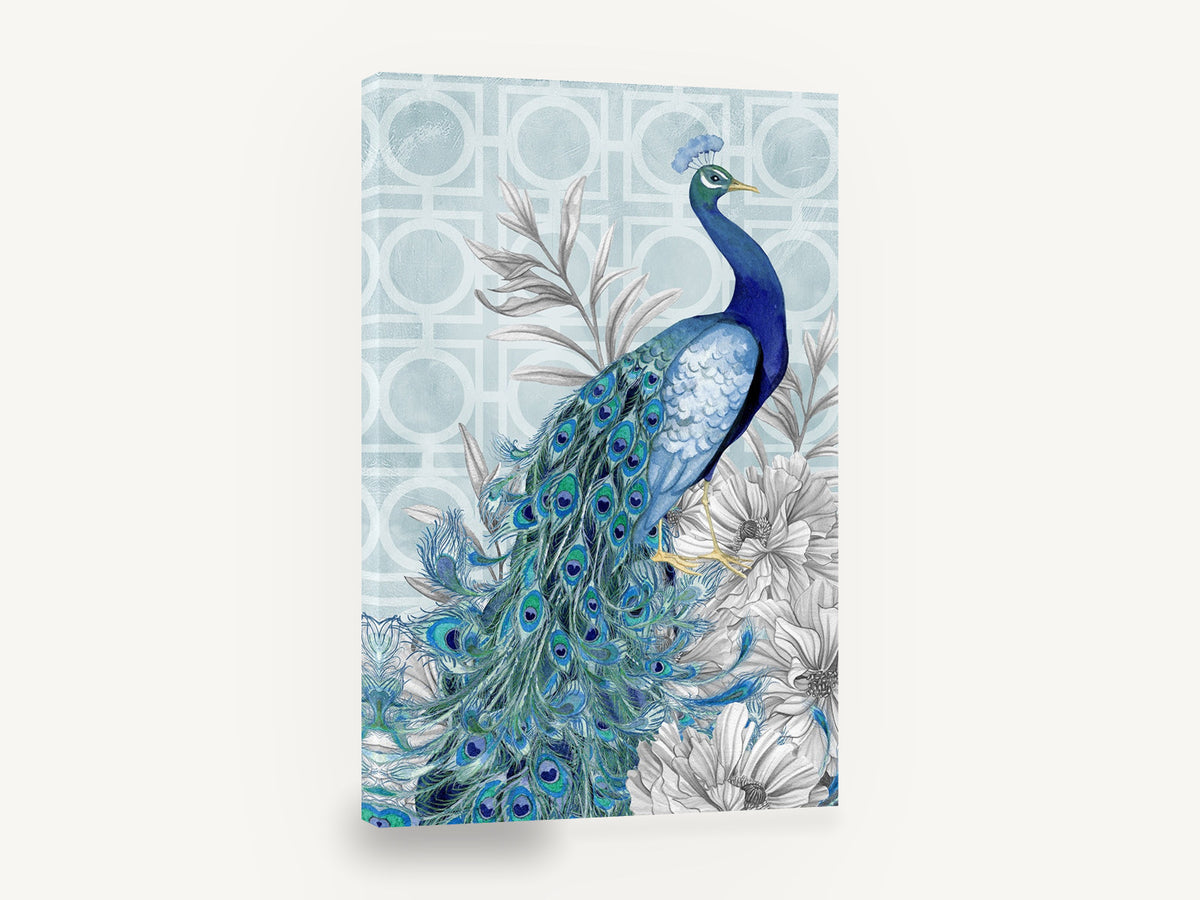 Sapphire Peacock Trellis, blue peacock watercolour illustration, animal canvas wall art print ready to hang