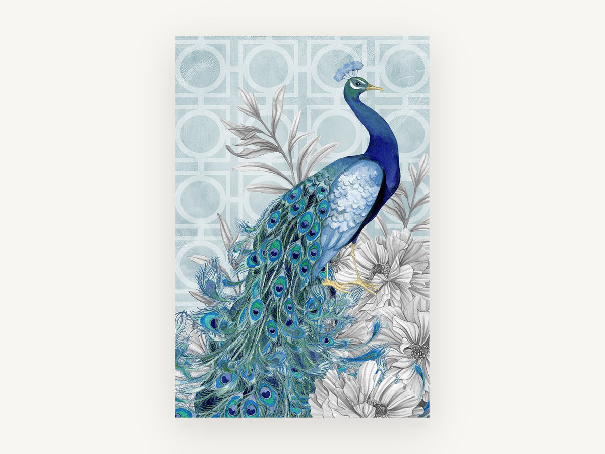 Sapphire Peacock Trellis, blue peacock watercolour illustration, animal canvas wall art print, front view
