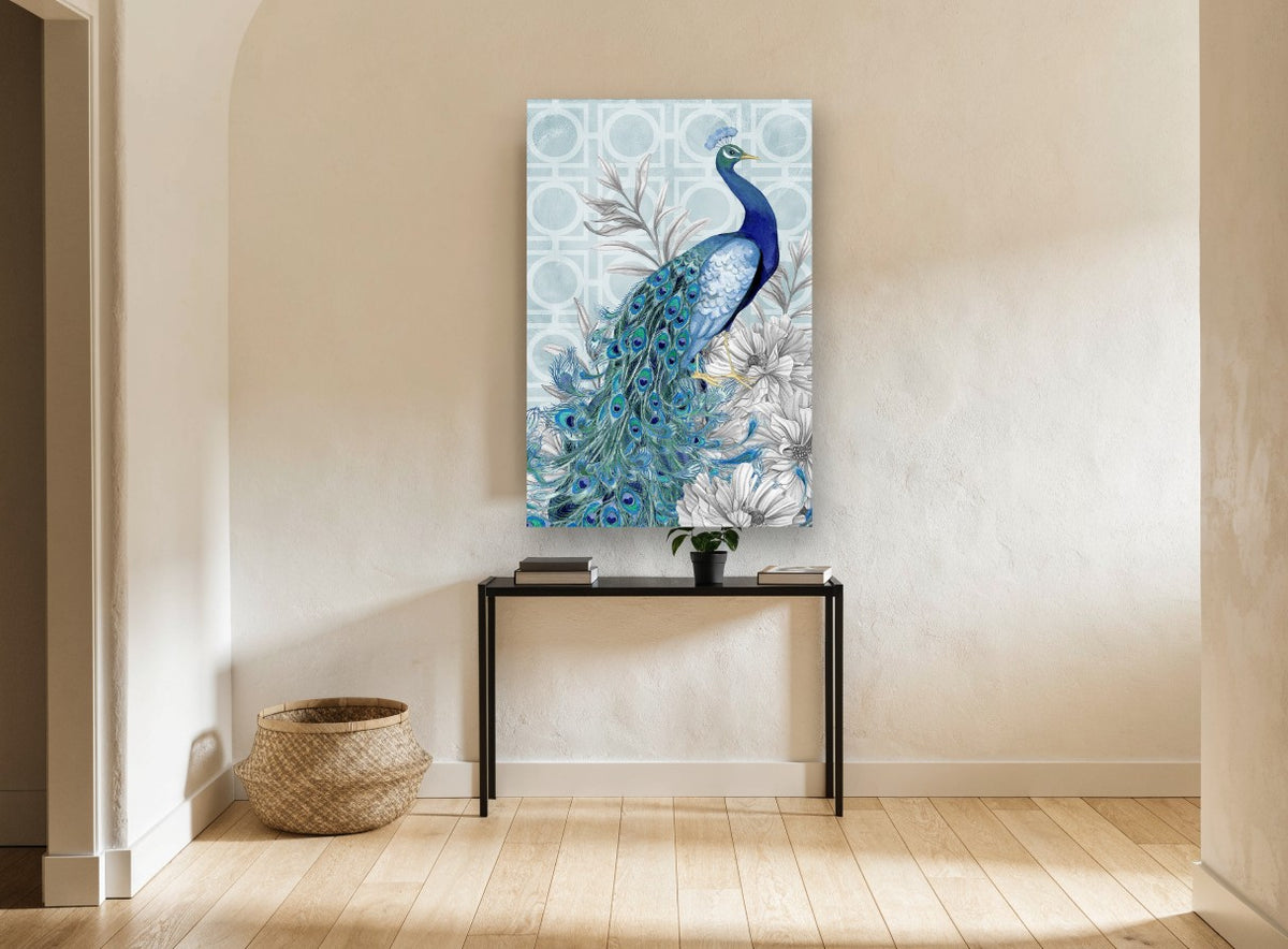 Sapphire Peacock Trellis animal canvas print on the wall of a hallway