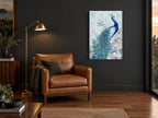 Sapphire Peacock Trellis animal canvas print on the wall of a charcoal living room