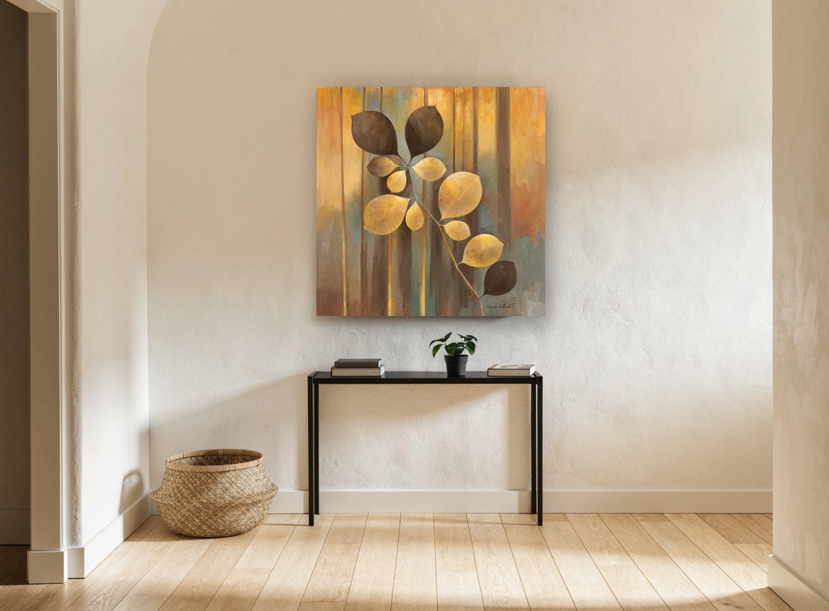 Golden Leaf Stem floral canvas print on the wall of a hallway