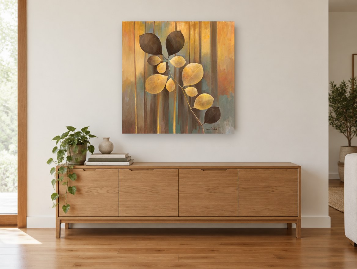 Golden Leaf Stem floral canvas print on the wall of a living room above a sideboard