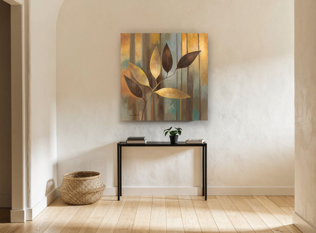 Golden Leaf Spray floral canvas print on the wall of a hallway
