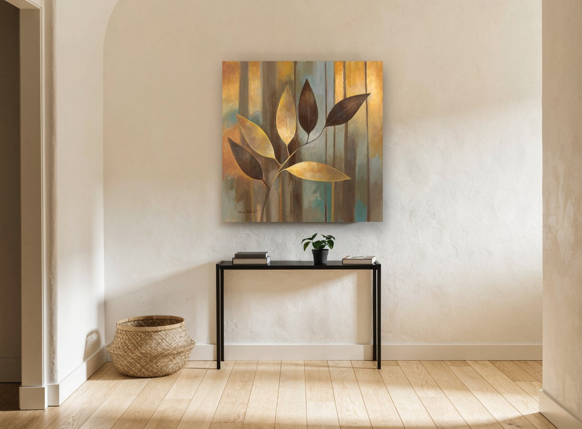 Golden Leaf Spray floral canvas print on the wall of a hallway