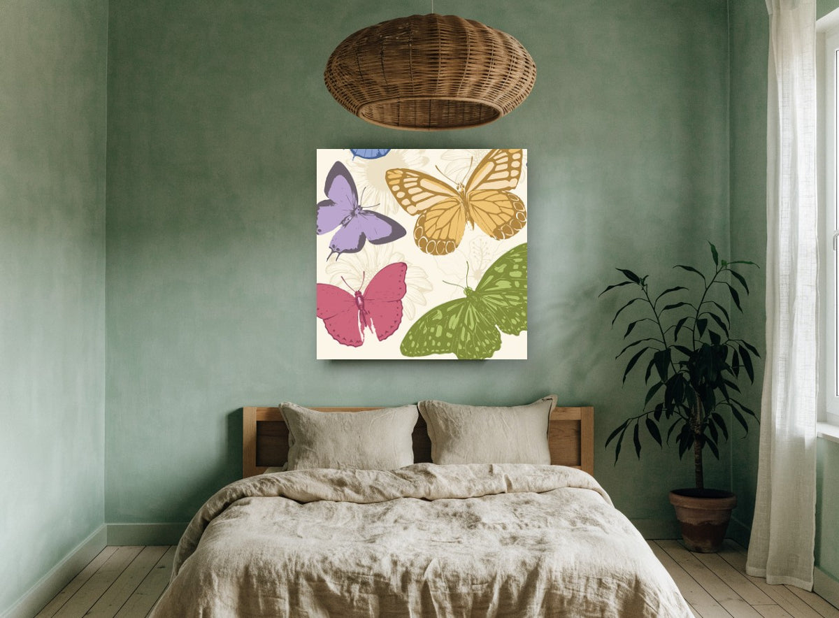 Pastel Butterfly Garden animal canvas print on the wall of a bedroom