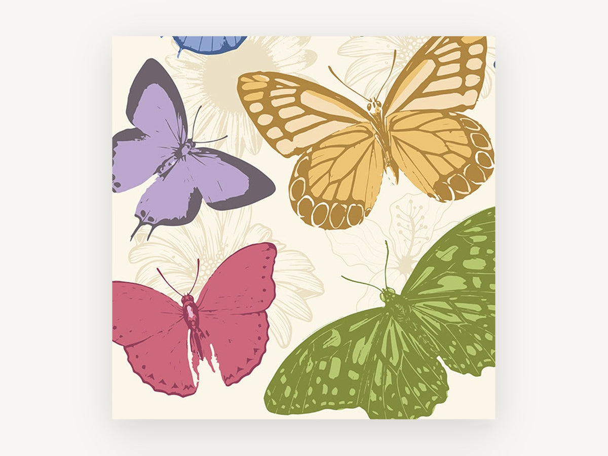Pastel Butterfly Garden, colourful butterfly illustration on cream, animal canvas wall art print, front view