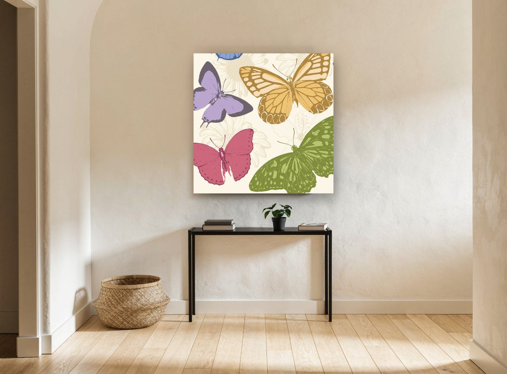 Pastel Butterfly Garden animal canvas print on the wall of a hallway
