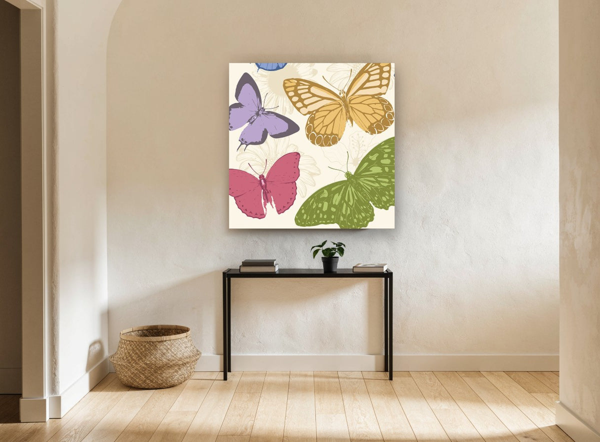 Pastel Butterfly Garden animal canvas print on the wall of a hallway