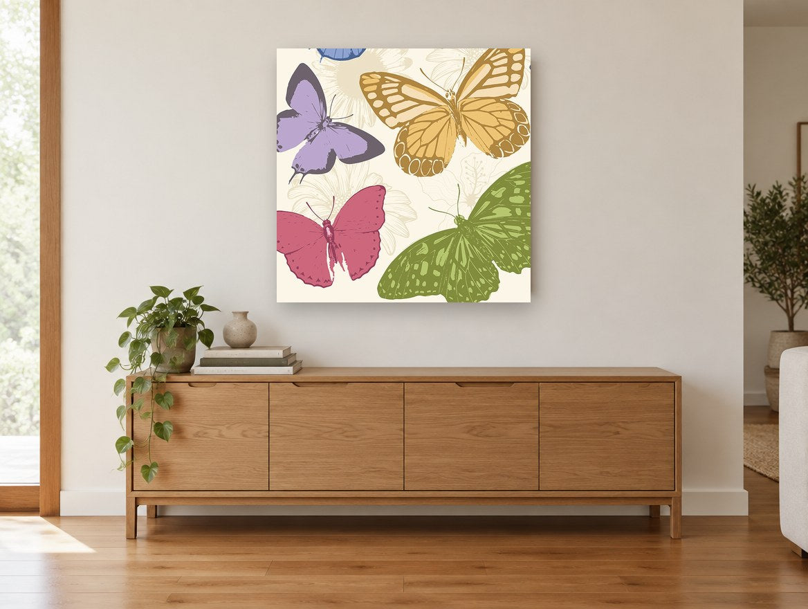 Pastel Butterfly Garden animal canvas print on the wall of a living room above a sideboard