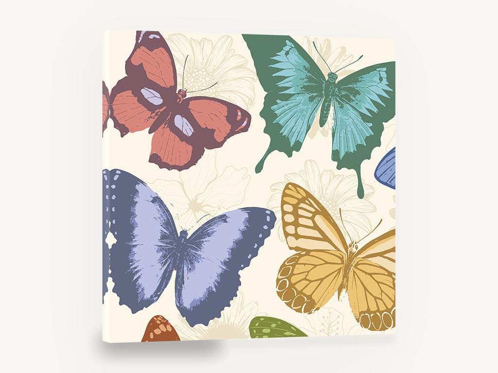 Pastel Butterfly Garden, colourful butterfly illustration on cream, animal canvas wall art print ready to hang