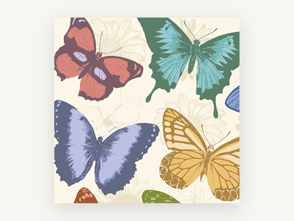 Pastel Butterfly Garden, colourful butterfly illustration on cream, animal canvas wall art print, front view