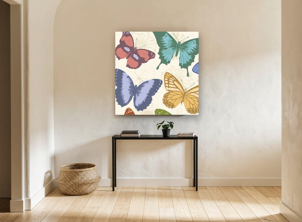 Pastel Butterfly Garden animal canvas print on the wall of a hallway